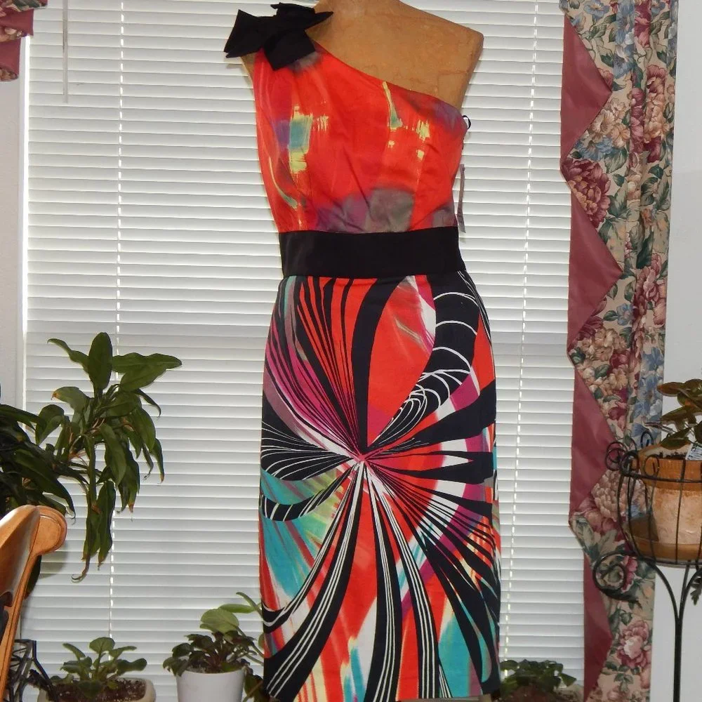 $285 NUE by SHANI Colorful Rosette One Shoulder 6   Perfect Cruise Dress